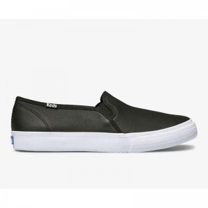 Keds Double Decker Slip On Leather Sneakers Kadın Siyah | QEKFM-2934