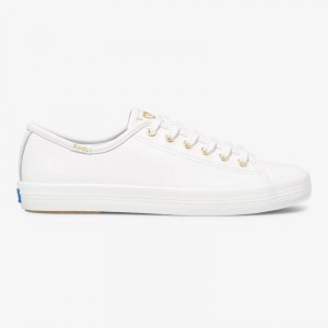 Keds Kickstart Deri Leather Sneakers Kadın White/Gold | UOPEY-4137