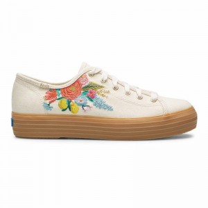 Keds Triple Kick Rifle Paper Co. Embroidered Garden Party Linen Prints Kadın Beyaz | BGTZW-7249