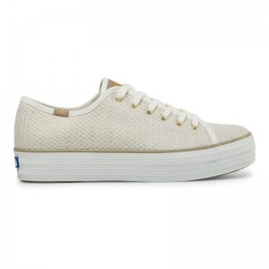 Keds Triple Kick Woven Cream Kanvas Platform Sneakers Kadın Cream/Gold | FERGV-1394