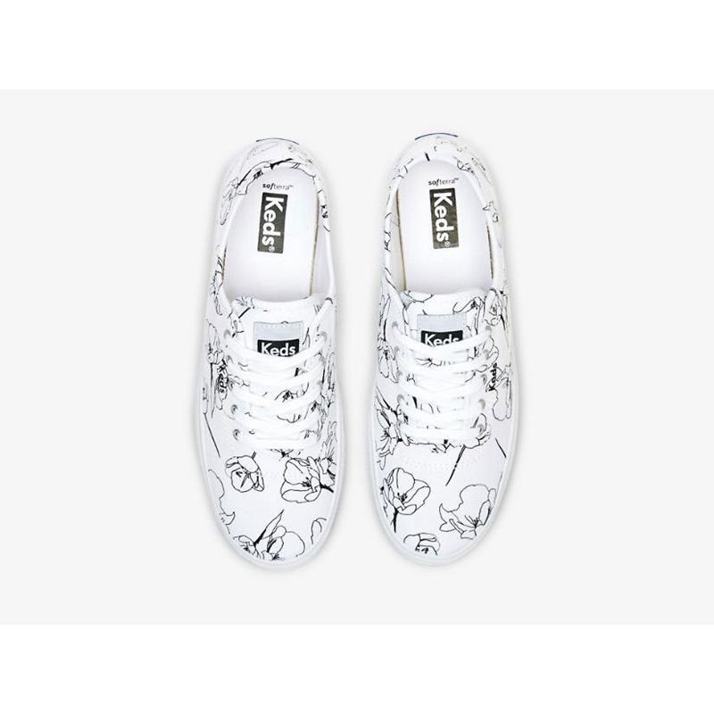 Keds Breezie Kanvas Hand Drawn Print Lace Ups Kadın Beyaz Siyah | XLRCF-0342