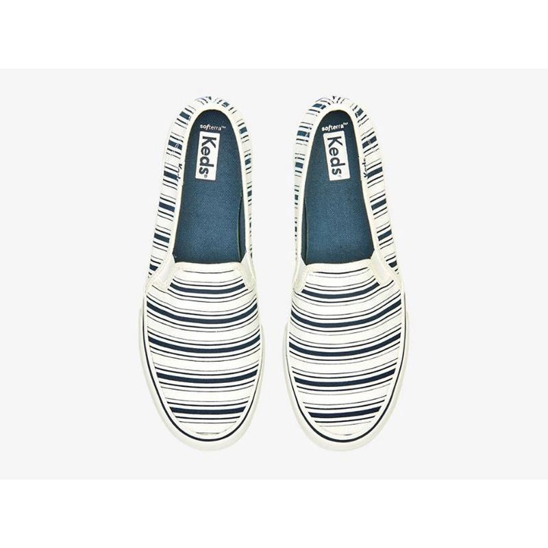 Keds Double Decker Kanvas Stripe Makosen Ayakkabı Kadın Beyaz Lacivert | VATBN-0824