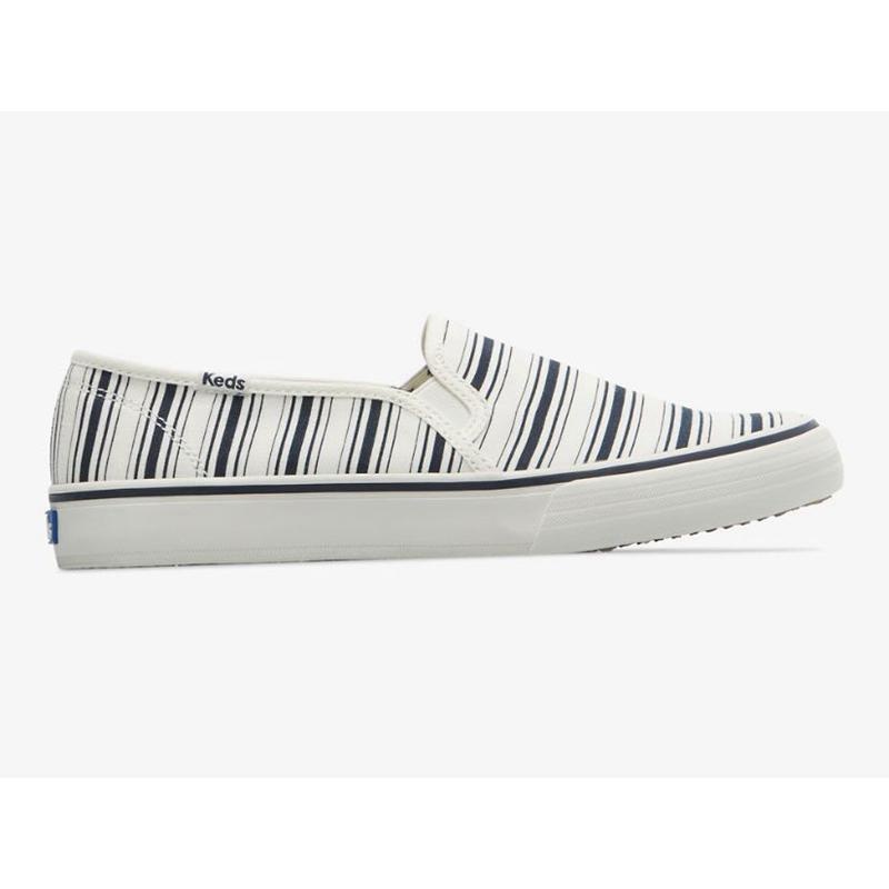 Keds Double Decker Kanvas Stripe Makosen Ayakkabı Kadın Beyaz Lacivert | VATBN-0824