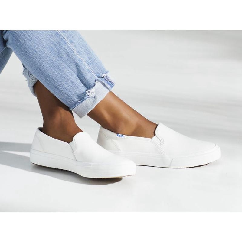 Keds Double Decker Slip On Leather Sneakers Kadın Beyaz | JIHGC-3208