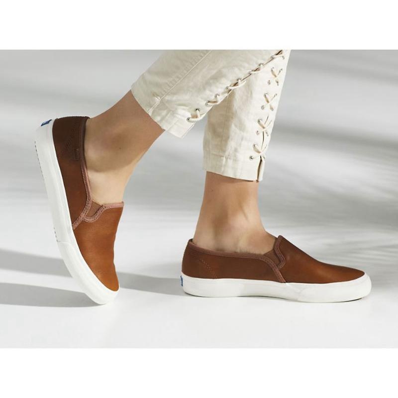 Keds Double Decker Slip On Leather Sneakers Kadın Kahverengi | ICZUH-2830