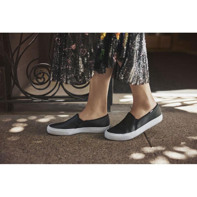 Keds Double Decker Slip On Leather Sneakers Kadın Siyah | QEKFM-2934