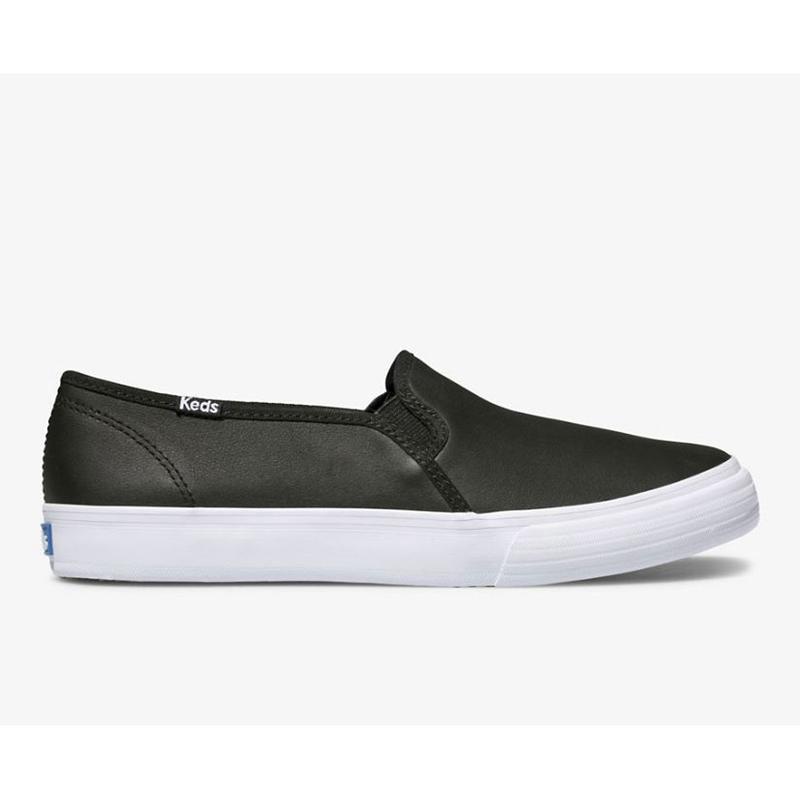 Keds Double Decker Slip On Leather Sneakers Kadın Siyah | QEKFM-2934