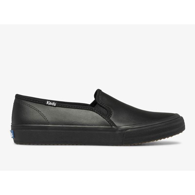 Keds Double Decker Slip On Leather Sneakers Kadın Siyah Siyah | ZJEGF-1329