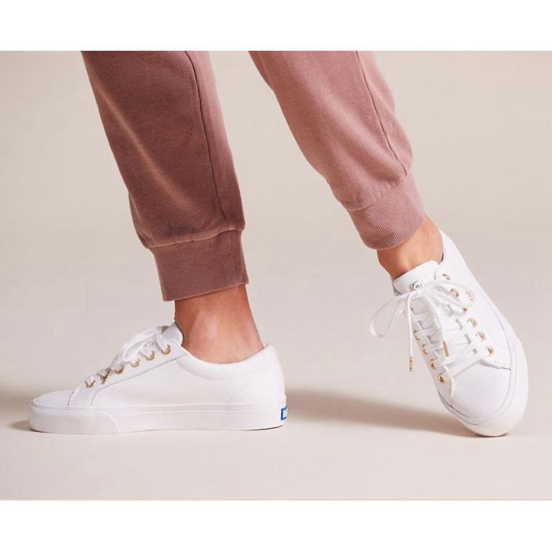 Keds Jump Kick Deri Lace Ups Kadın Beyaz Altın | BDVUT-4351