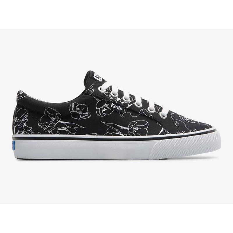 Keds Jump Kick Kanvas Hand Drawn Floral Lace Ups Kadın Siyah Beyaz | NGCPU-8940