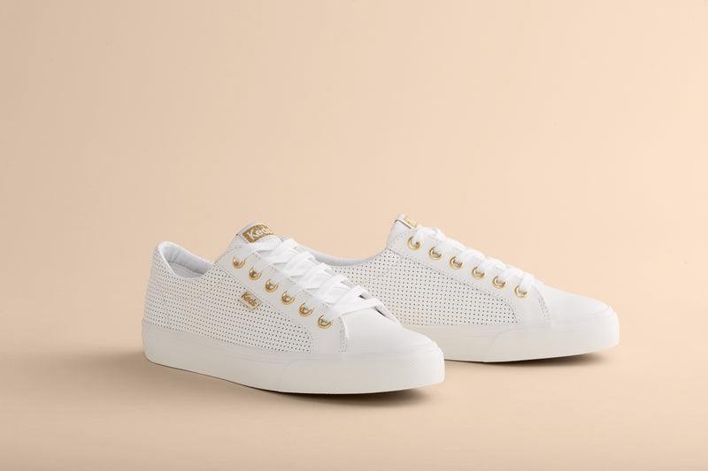 Keds Jump Kick Perforated Deri Leather Sneakers Kadın White/Gold | WLRJE-6253