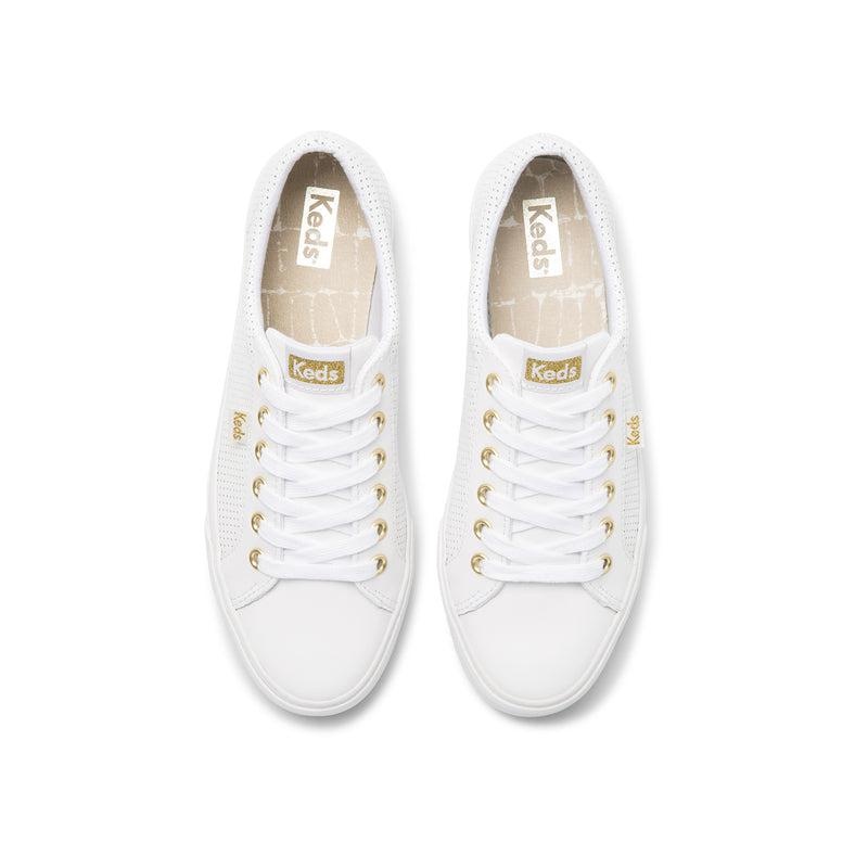 Keds Jump Kick Perforated Deri Leather Sneakers Kadın White/Gold | WLRJE-6253