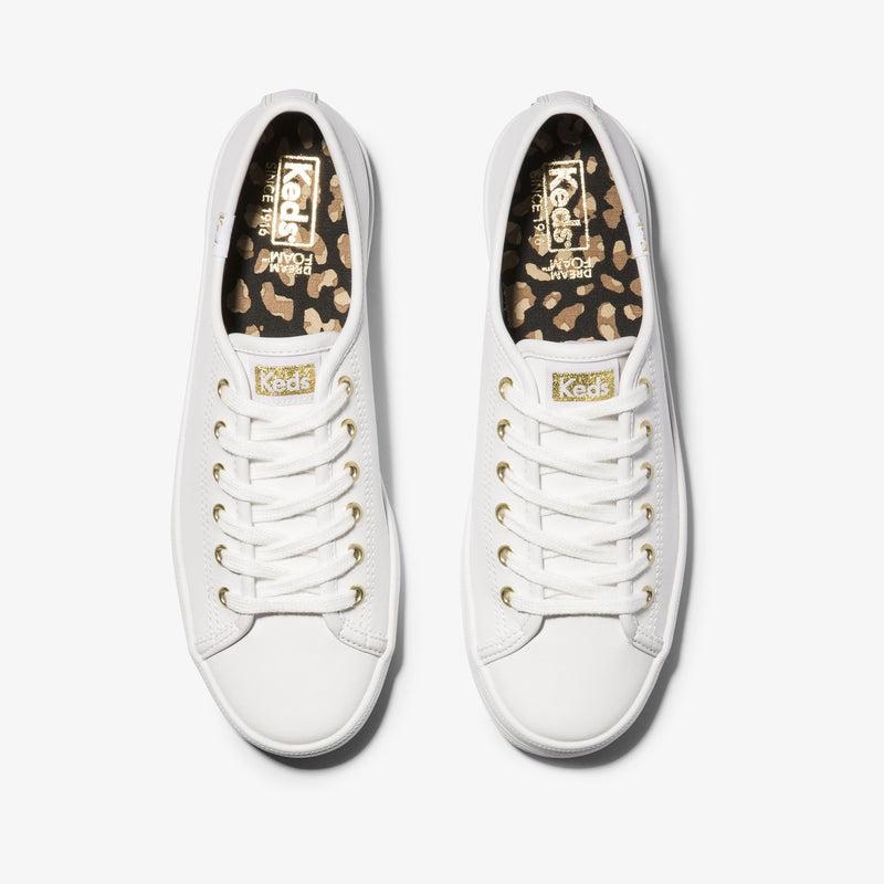 Keds Kickstart Deri Leather Sneakers Kadın White/Gold | UOPEY-4137