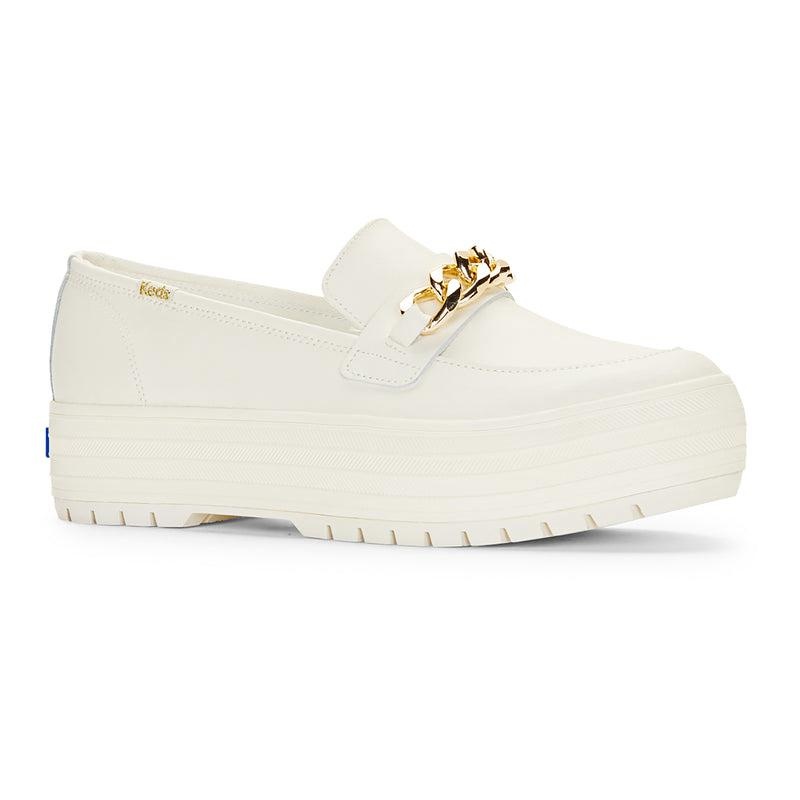 Keds Triple Decker Loafer Lug Chain Applique Ivory Leather Sneakers Kadın Ivory/Gold | GOLQN-7689