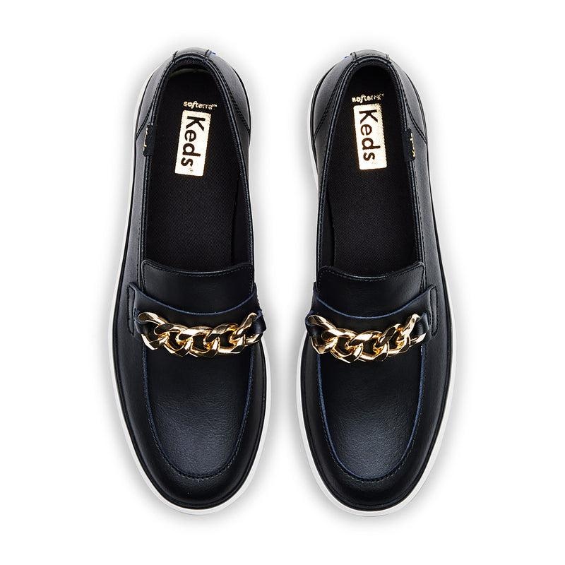 Keds Triple Decker Loafer Lug Deri Chain Applique Makosen Ayakkabı Kadın Black/Gold | PYJMS-0195