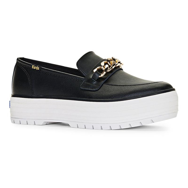 Keds Triple Decker Loafer Lug Deri Chain Applique Makosen Ayakkabı Kadın Black/Gold | PYJMS-0195