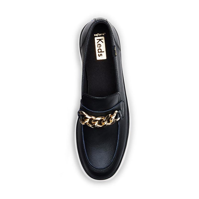 Keds Triple Decker Loafer Lug Deri Chain Applique Makosen Ayakkabı Kadın Black/Gold | PYJMS-0195