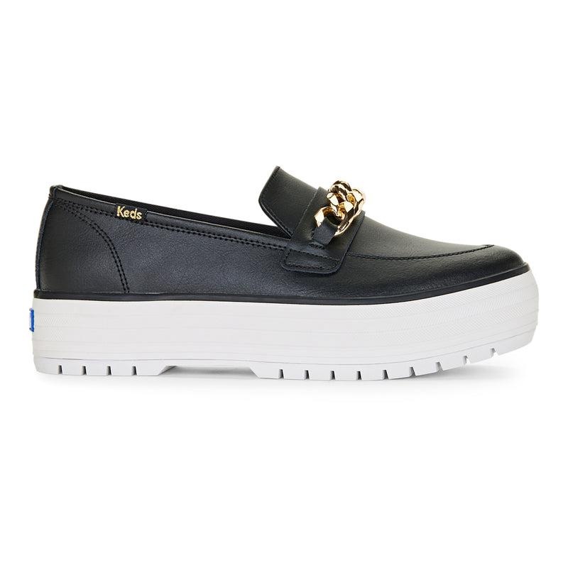 Keds Triple Decker Loafer Lug Deri Chain Applique Makosen Ayakkabı Kadın Black/Gold | PYJMS-0195