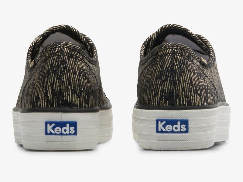 Keds Triple Kick Kanvas Lines Print Canvas Kadın Black/Gold | ARVHK-5321