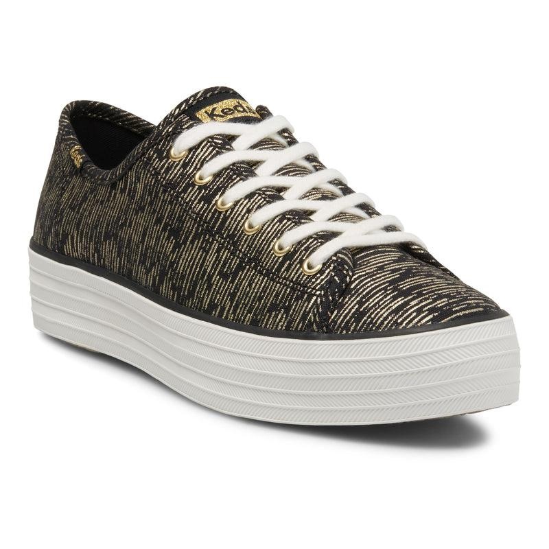 Keds Triple Kick Kanvas Lines Print Canvas Kadın Black/Gold | ARVHK-5321