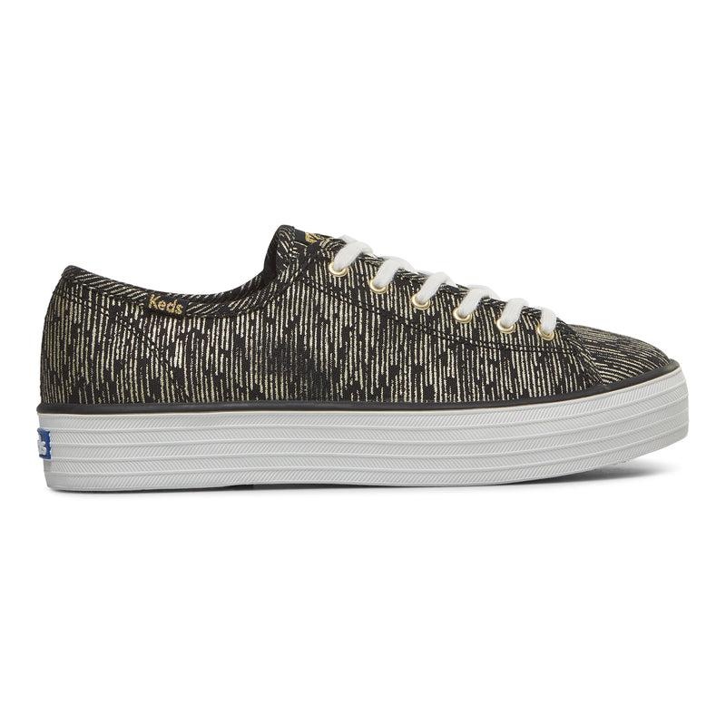 Keds Triple Kick Kanvas Lines Print Canvas Kadın Black/Gold | ARVHK-5321