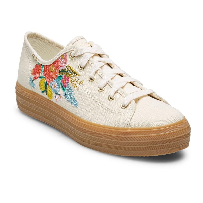 Keds Triple Kick Rifle Paper Co. Embroidered Garden Party Linen Prints Kadın Beyaz | BGTZW-7249