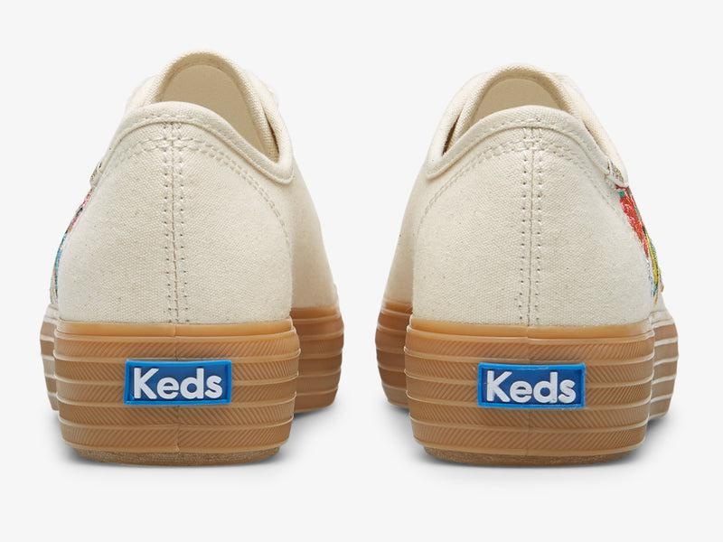 Keds Triple Kick Rifle Paper Co. Embroidered Garden Party Linen Platform Sneakers Kadın Beyaz | APQNF-7235