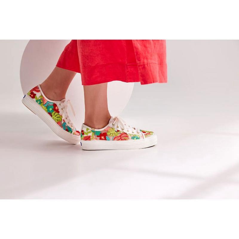 Keds Triple Kick Tropical Embroidery Lace Ups Kadın Beyaz Mercan | HVLJW-1843