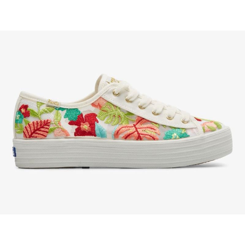 Keds Triple Kick Tropical Embroidery Lace Ups Kadın Beyaz Mercan | HVLJW-1843