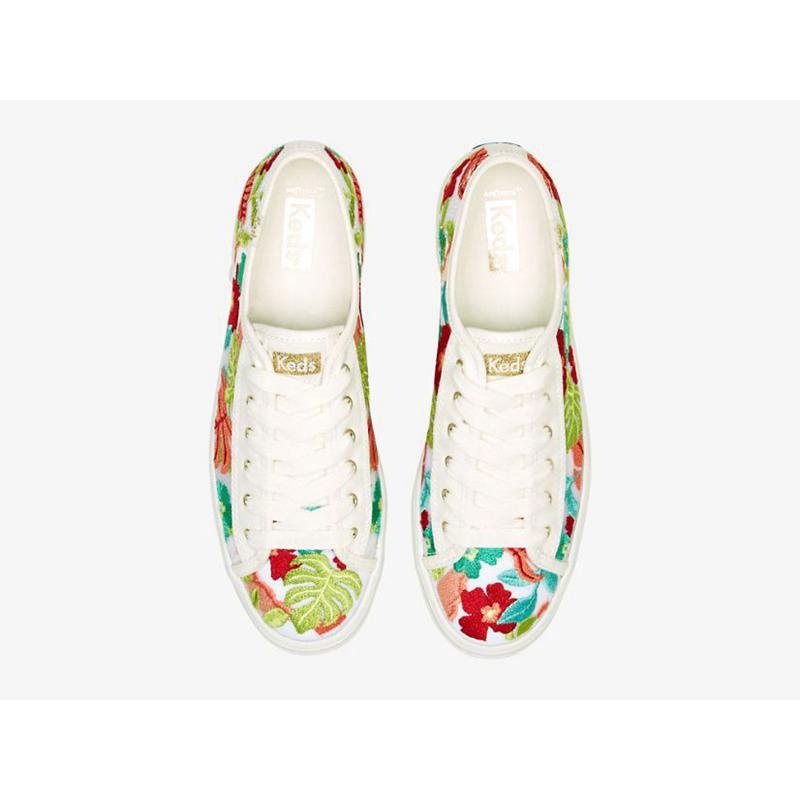 Keds Triple Kick Tropical Embroidery Platform Sneakers Kadın Beyaz Mercan | DNYBC-1207