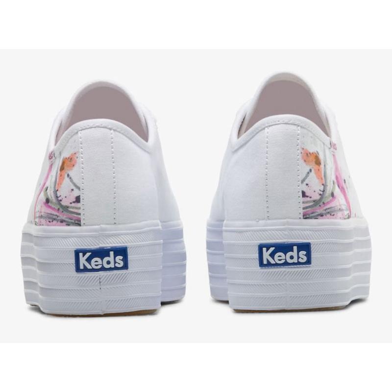 Keds Triple Up Kanvas Painterly Floral Lace Ups Kadın Beyaz Pembe | ARWXO-2314