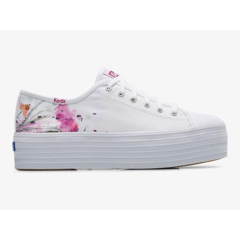 Keds Triple Up Kanvas Painterly Floral Platform Sneakers Kadın Beyaz Pembe | MYIKE-6128